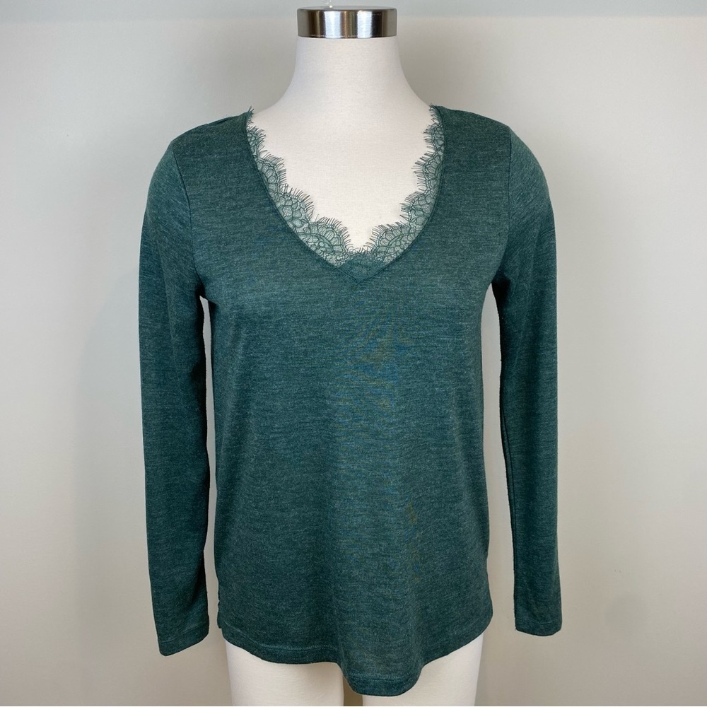 Promod Tee Shirt Top Dark Heather Green Long Sleeve Lace Neckline‎ Size M V Neck